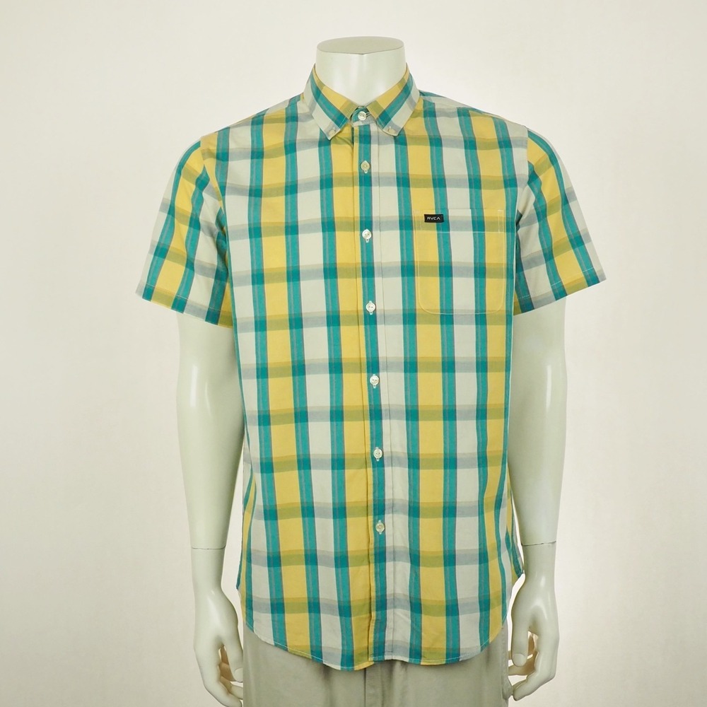 RVCA Havana Button Down Shirt Mens Medium Blue Yellow Plaid Regular Fit Cotton